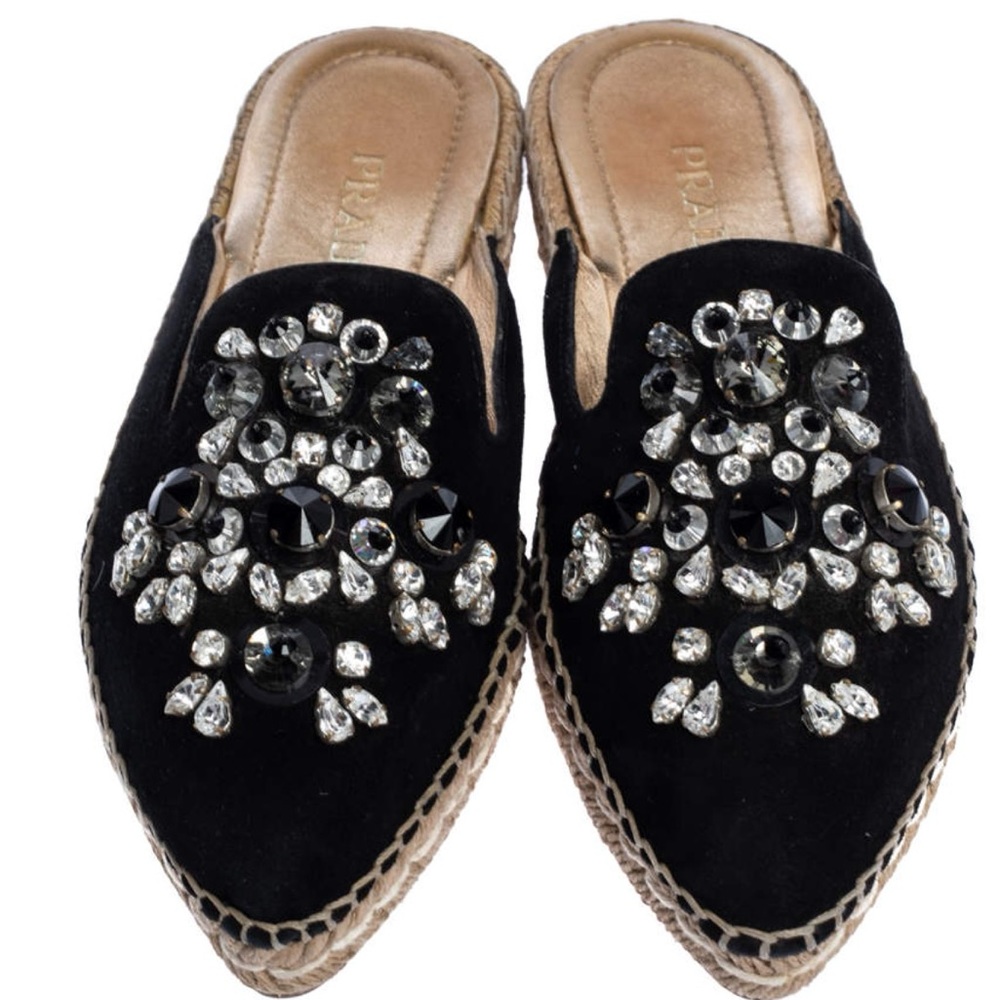 Prada Black Suede Crystal Embellished Pointed Toe Espadrilles